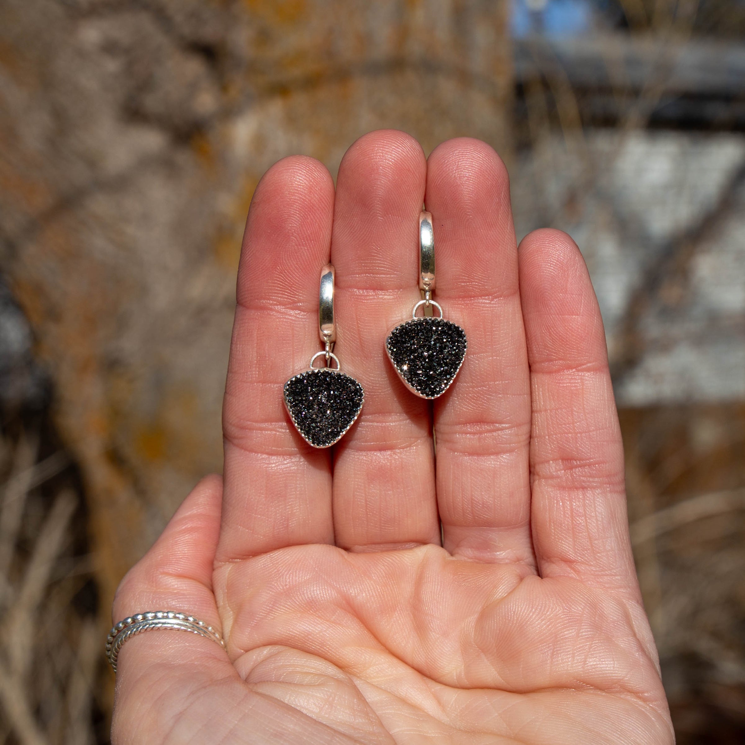 Black Druzy Quartz Sterling Silver hoops