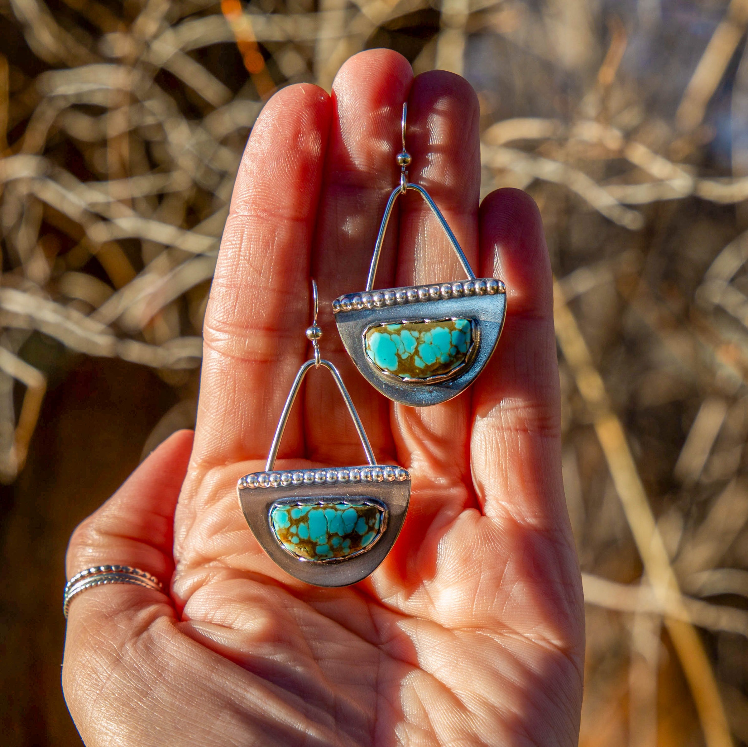 No. 8 Turquoise Half Oval Sterling Silver Earrings
