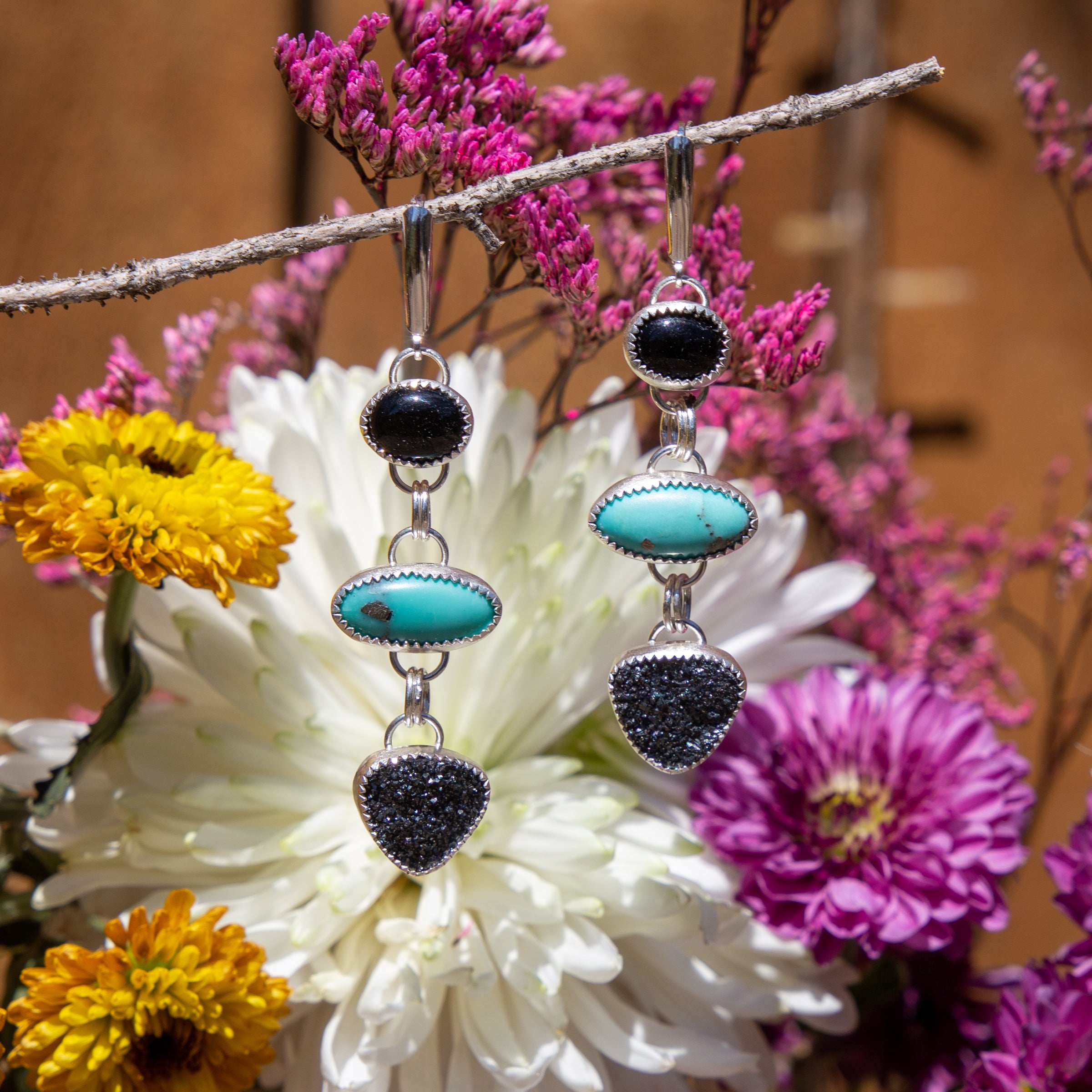 Turquoise, Black Onyx & Druzy Quartz Dazzling Harmony Sterling Silver Dangle Earrings