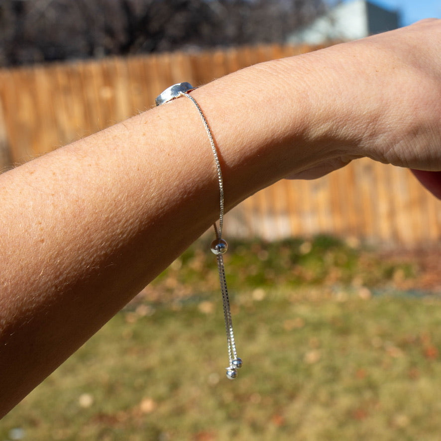 White Buffalo Circle Sterling Silver Slider Adjustable Bracelet - 8.5"