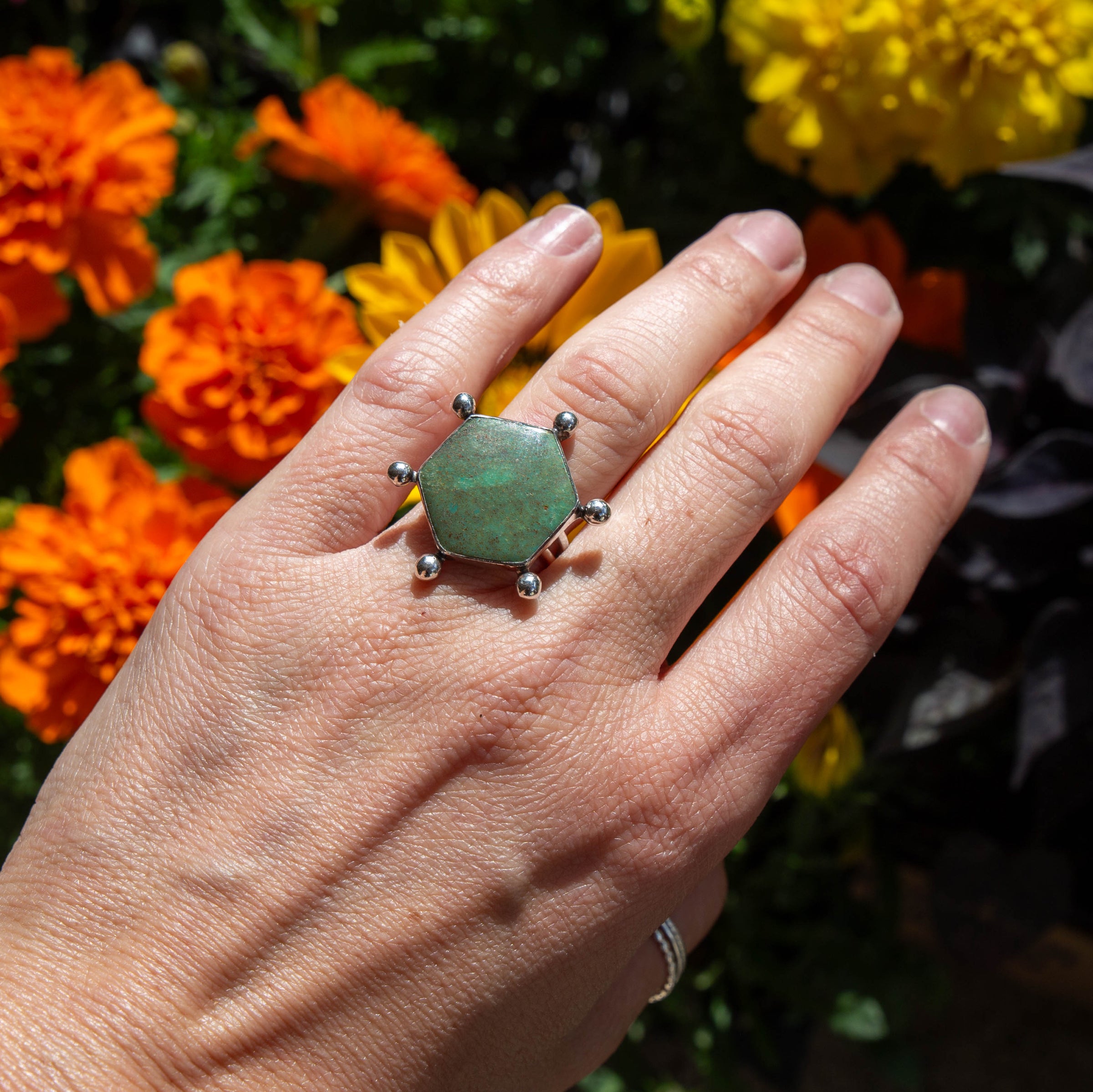 6.25 Hubei Turquoise Space Cowgirl Design Sterling Silver Ring (Size 6.25)