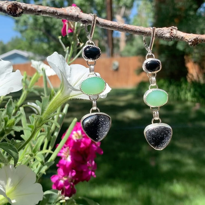 Chrysoprase, Black Onyx & Druzy Quartz Dazzling Harmony Sterling Silver Dangle Earrings