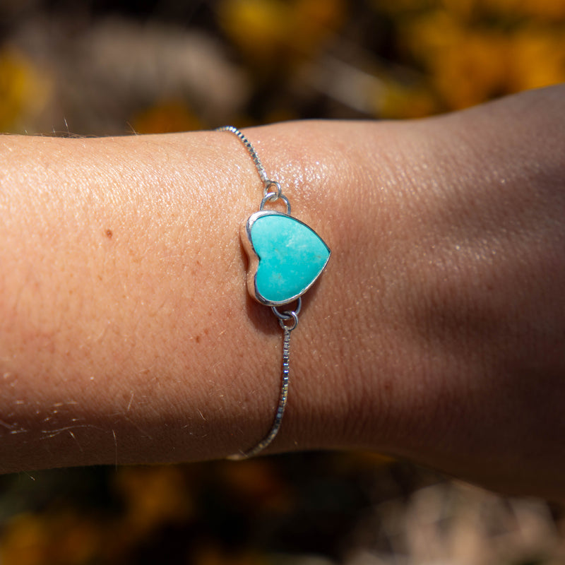 Chilean Turquoise Heart Sterling Silver Slider Bracelet -7.5"