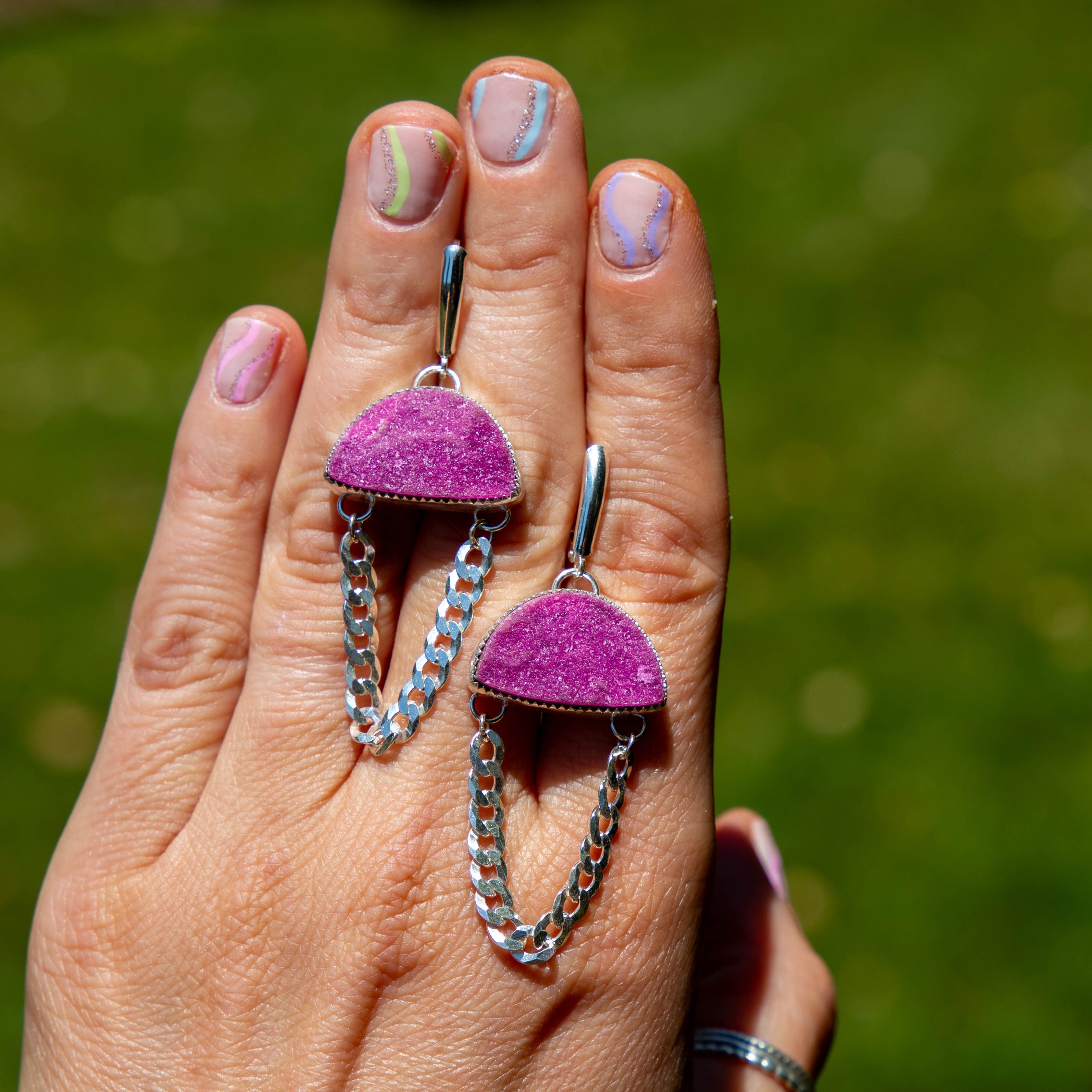 Pink Druzy Cobalto Calcite Sterling Silver Chain Statement Earrings