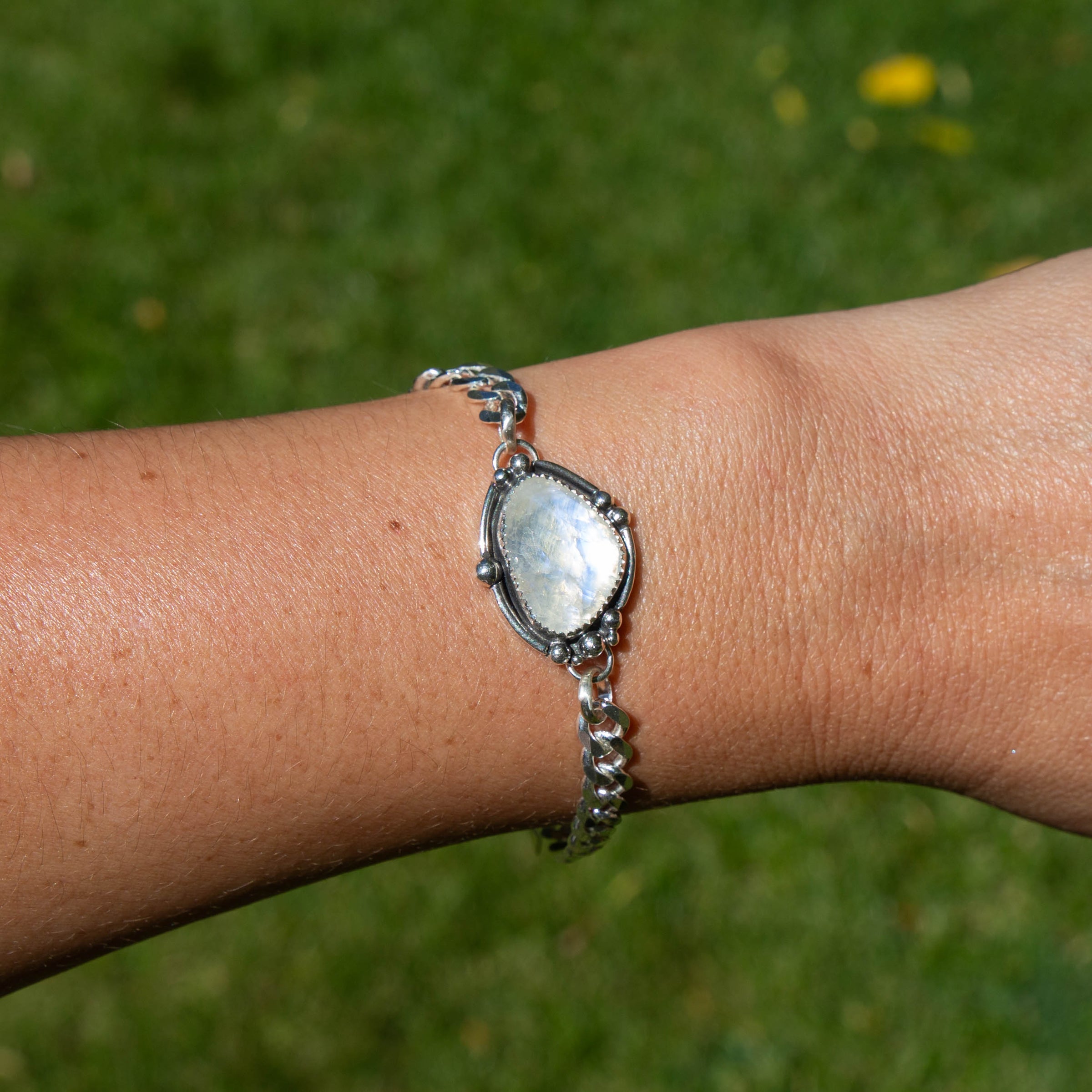 Southwest Mob Wife Chunky Mini Sterling Silver Bracelet with Rainbow Moonstone