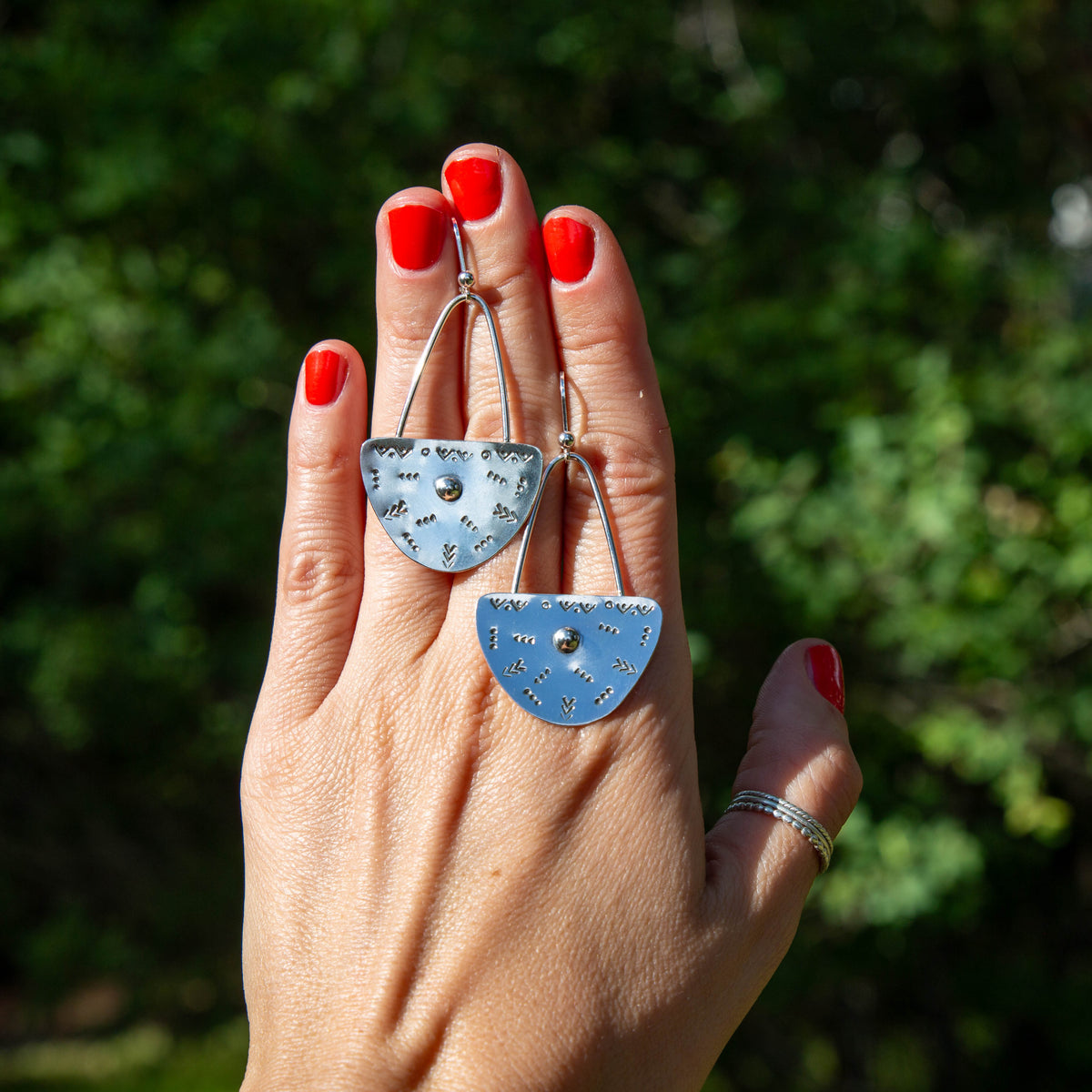 Half Oval Stamped Sterling Silver Earrings #8