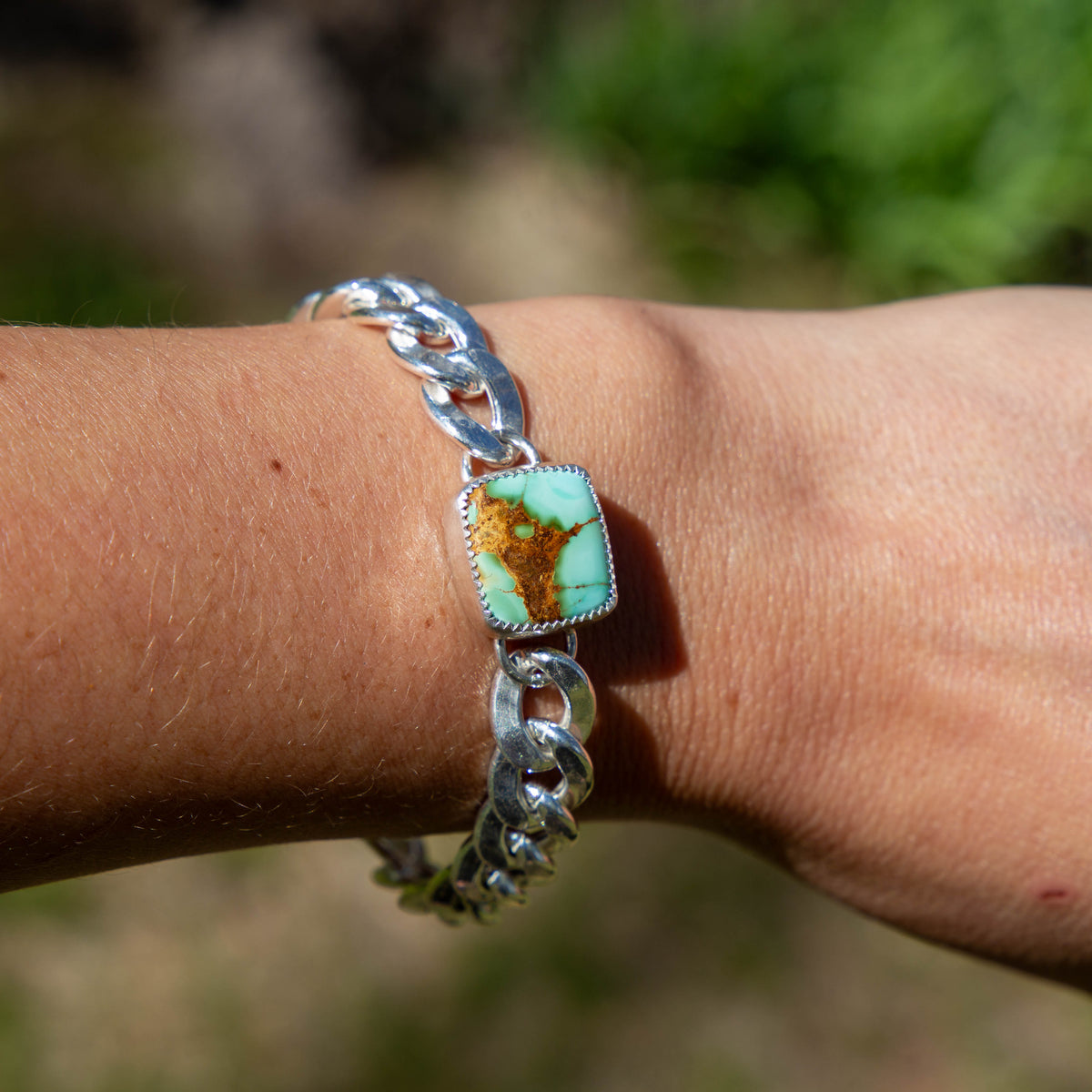 Southwest Mob Wife Chunky Sterling Silver Bracelet with Royston Turquoise  - 7.5"