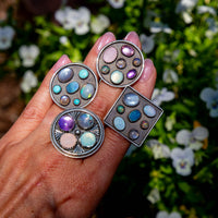 7.5 Opal & Moonstone Multi-Stone Square Sterling Silver Cluster Statement Ring (Size 7.5)