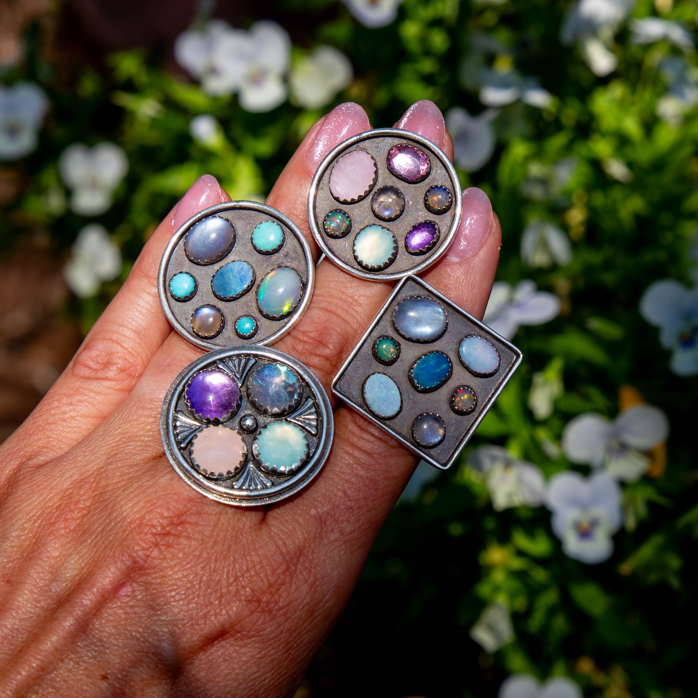 7.5 Opal & Moonstone Multi-Stone Square Sterling Silver Cluster Statement Ring (Size 7.5)