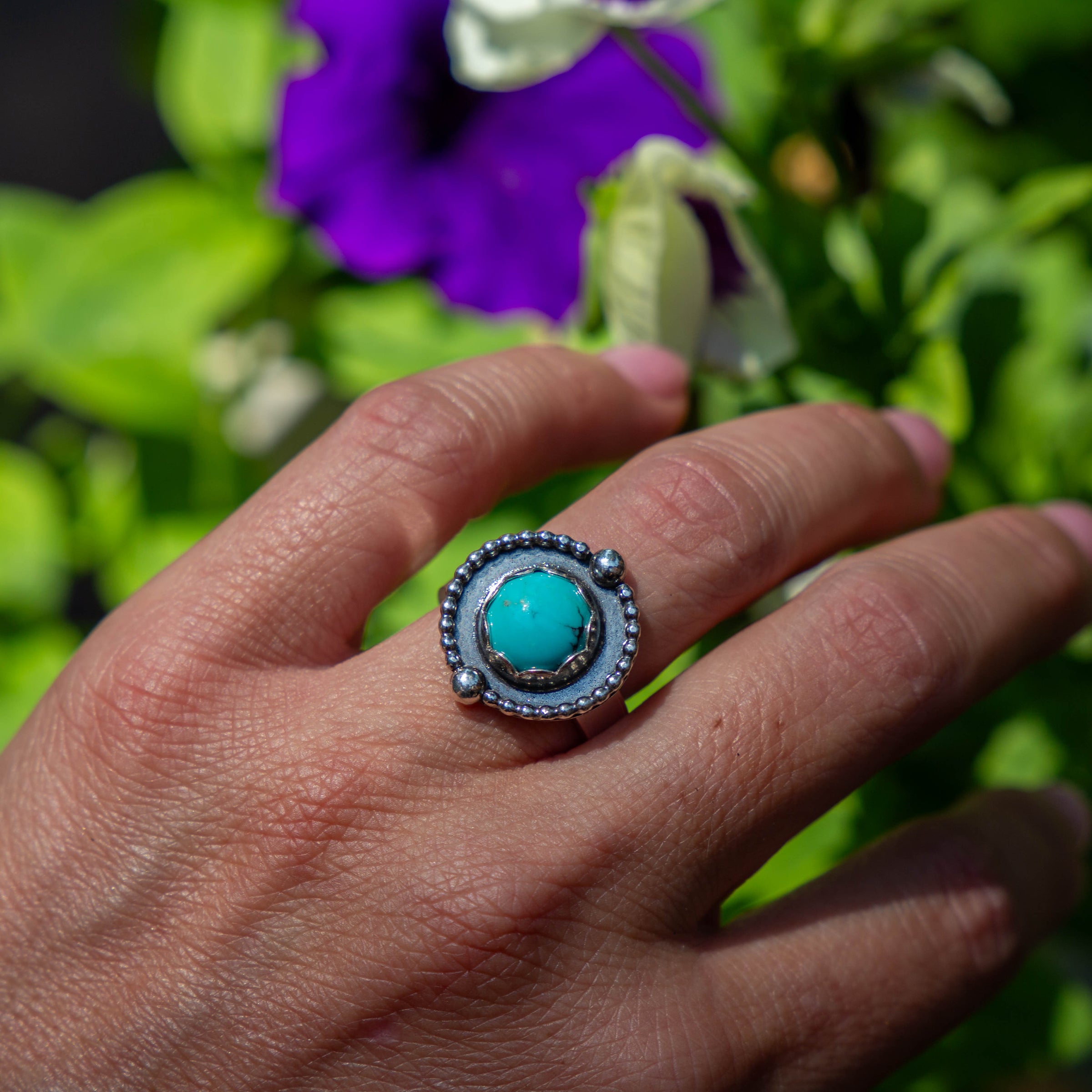 8 Turquoise Sterling Silver Circle Mini Statement Ring (Size 8)