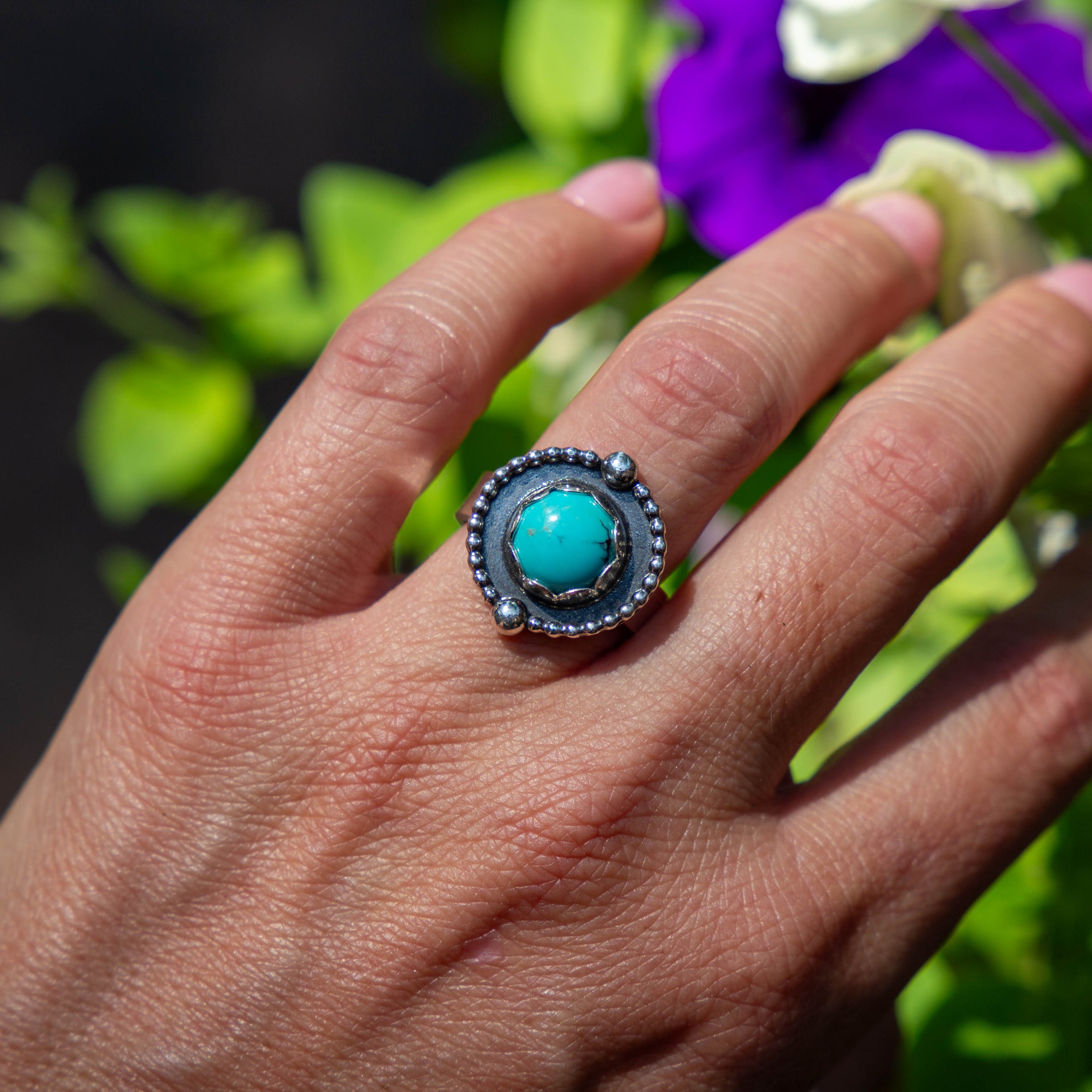 8 Turquoise Sterling Silver Circle Mini Statement Ring (Size 8)