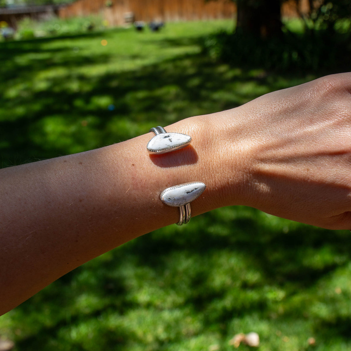 White Buffalo Double Stone Sterling Silver Open Cuff