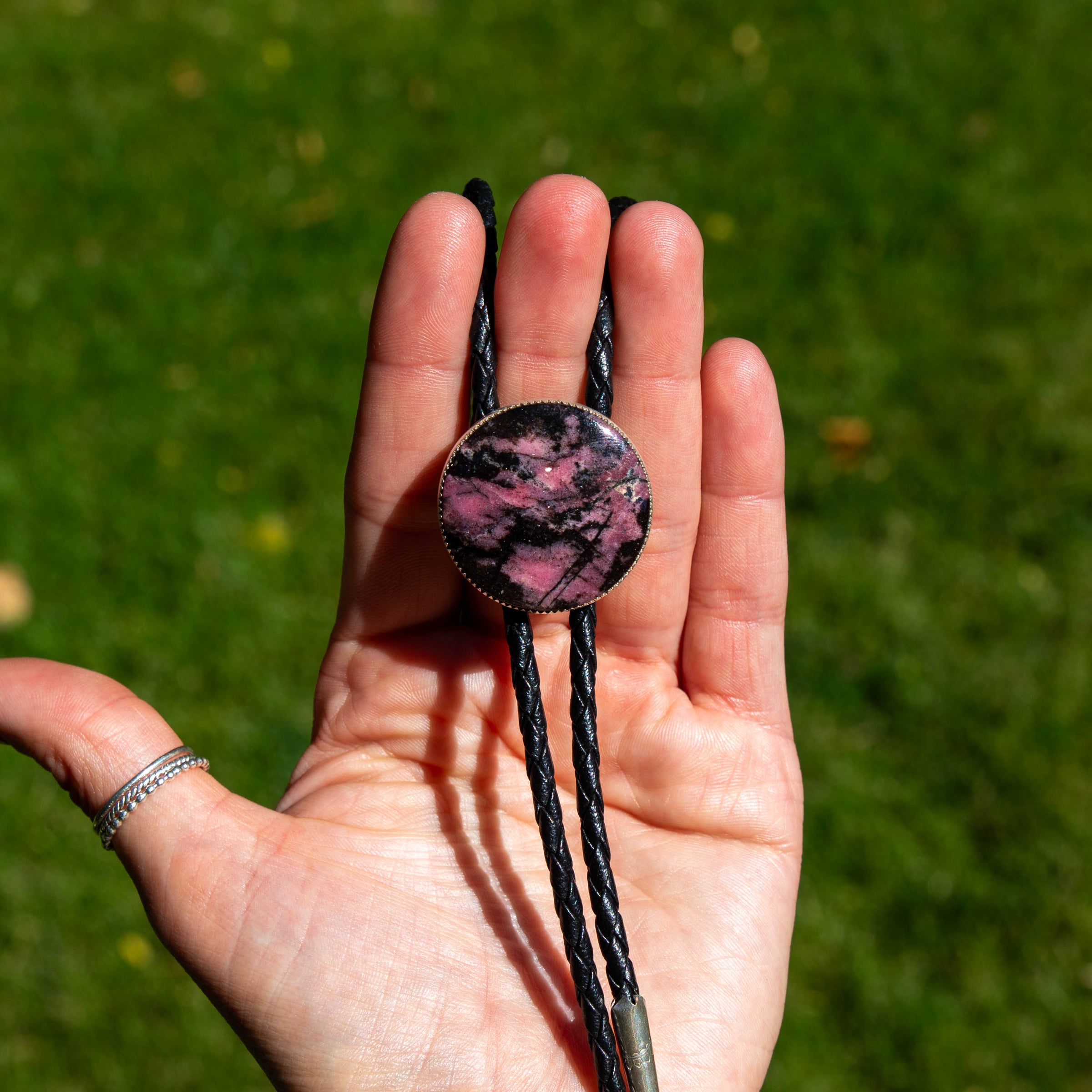 36" Rhodonite Sterling Silver Circle Bolo