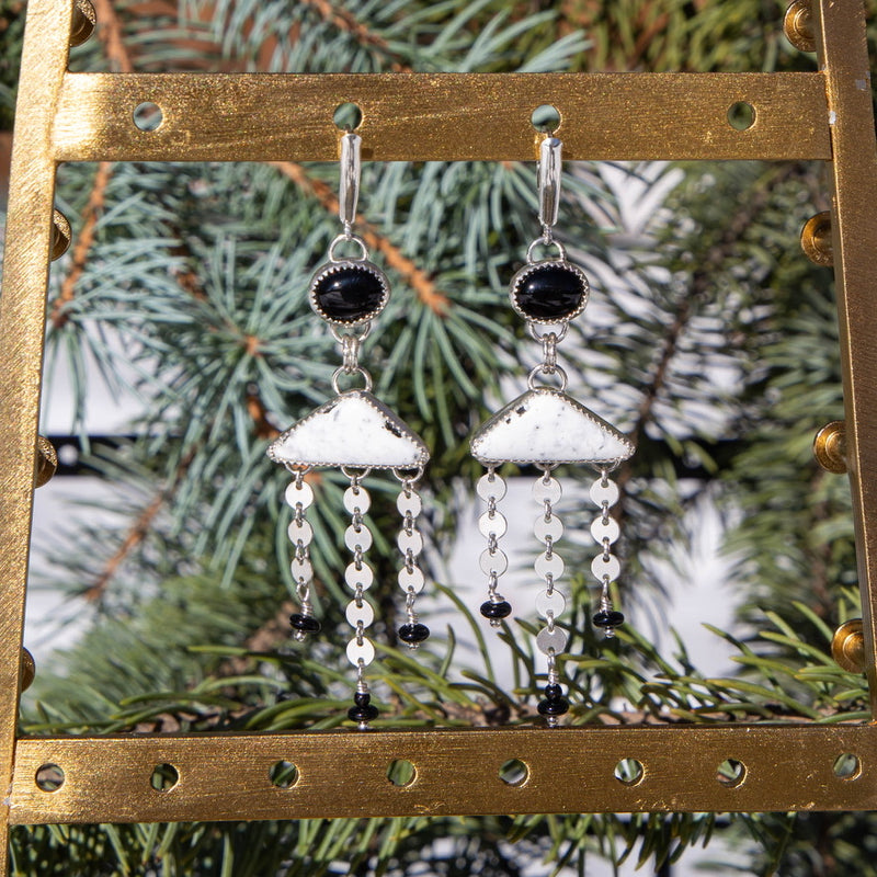 White Buffalo & Black Onyx Sterling Silver Dangle Earrings