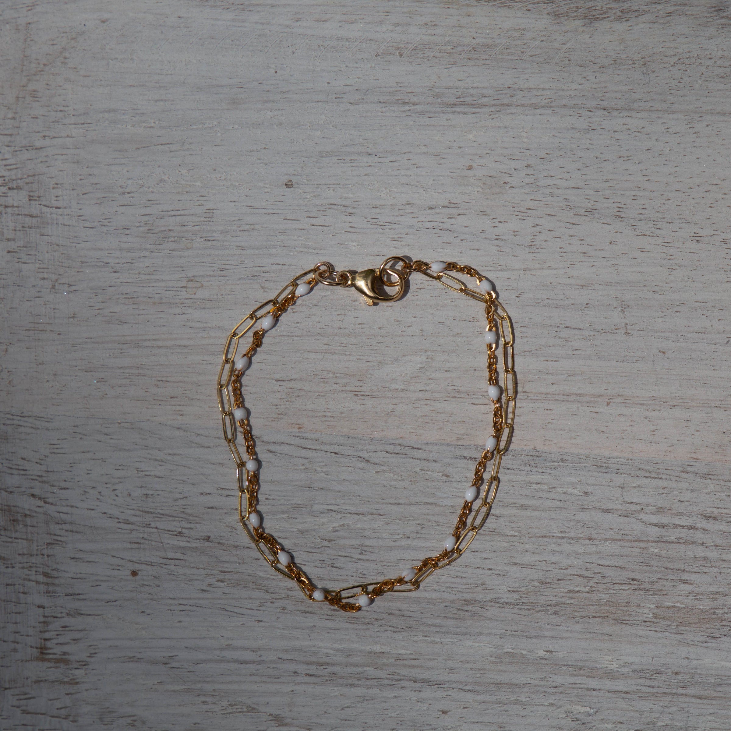 14k Gold Filled Paperclip & White Enamel Chain Bracelet - 7"