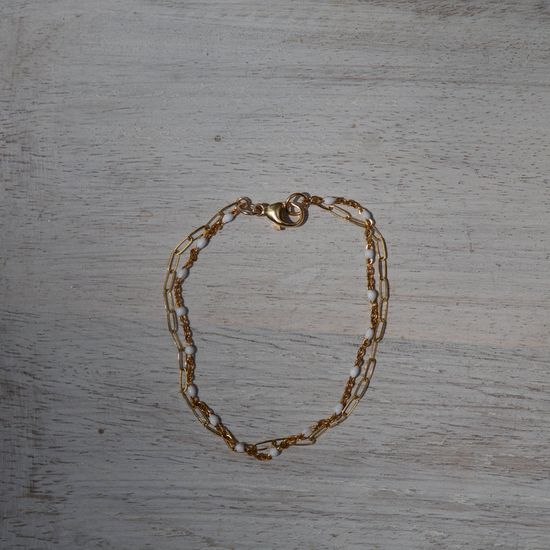 14k Gold Filled Paperclip & White Enamel Chain Bracelet - 7"