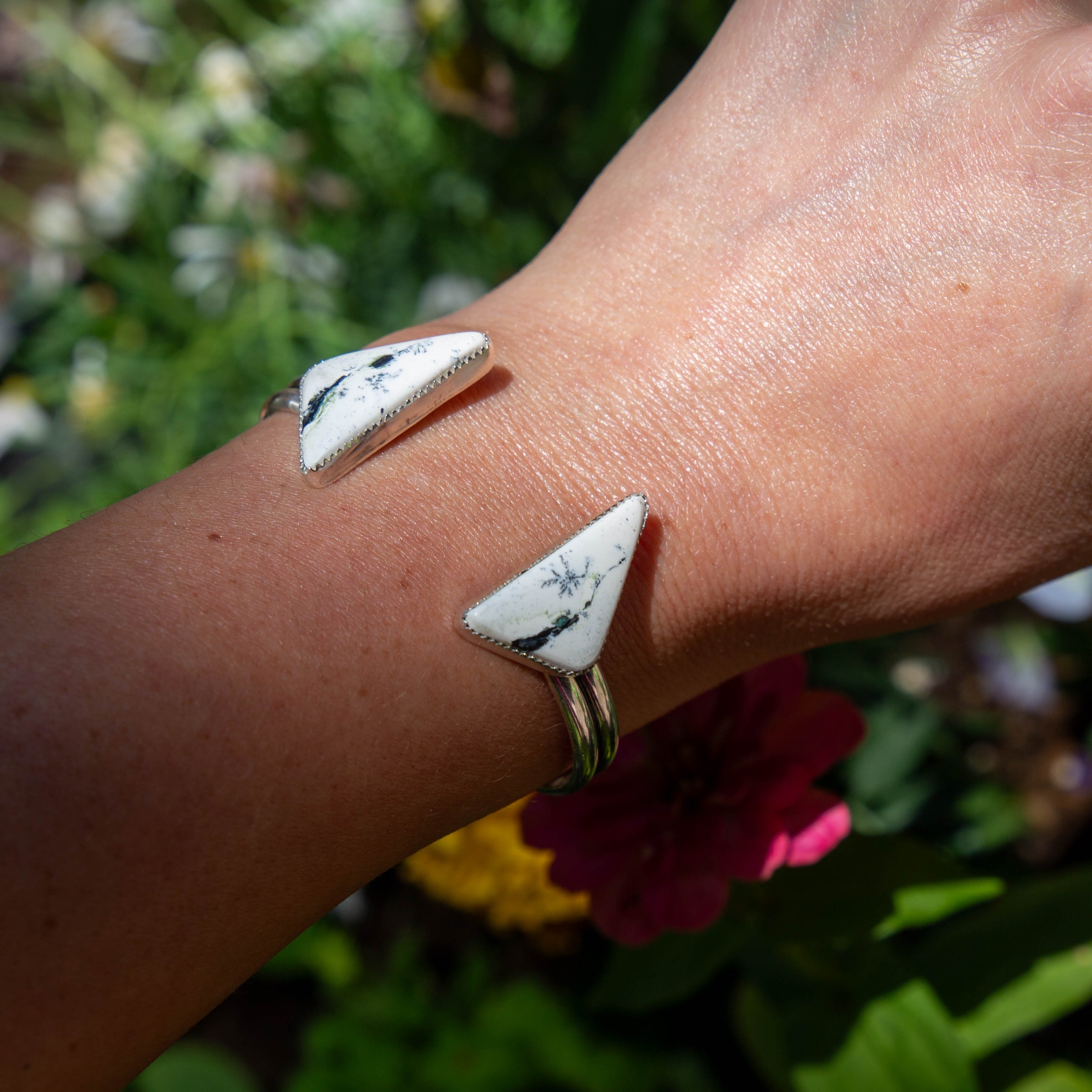 White Buffalo Triangle Double Stone Sterling Silver Open Cuff #2
