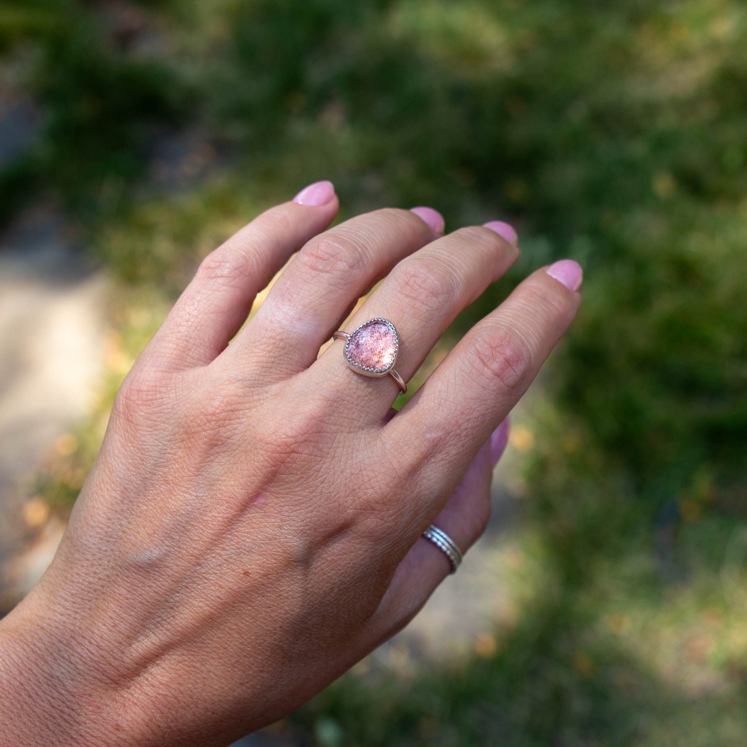 8 Strawberry Quartz Sterling Silver Stacker Ring (Size 8)