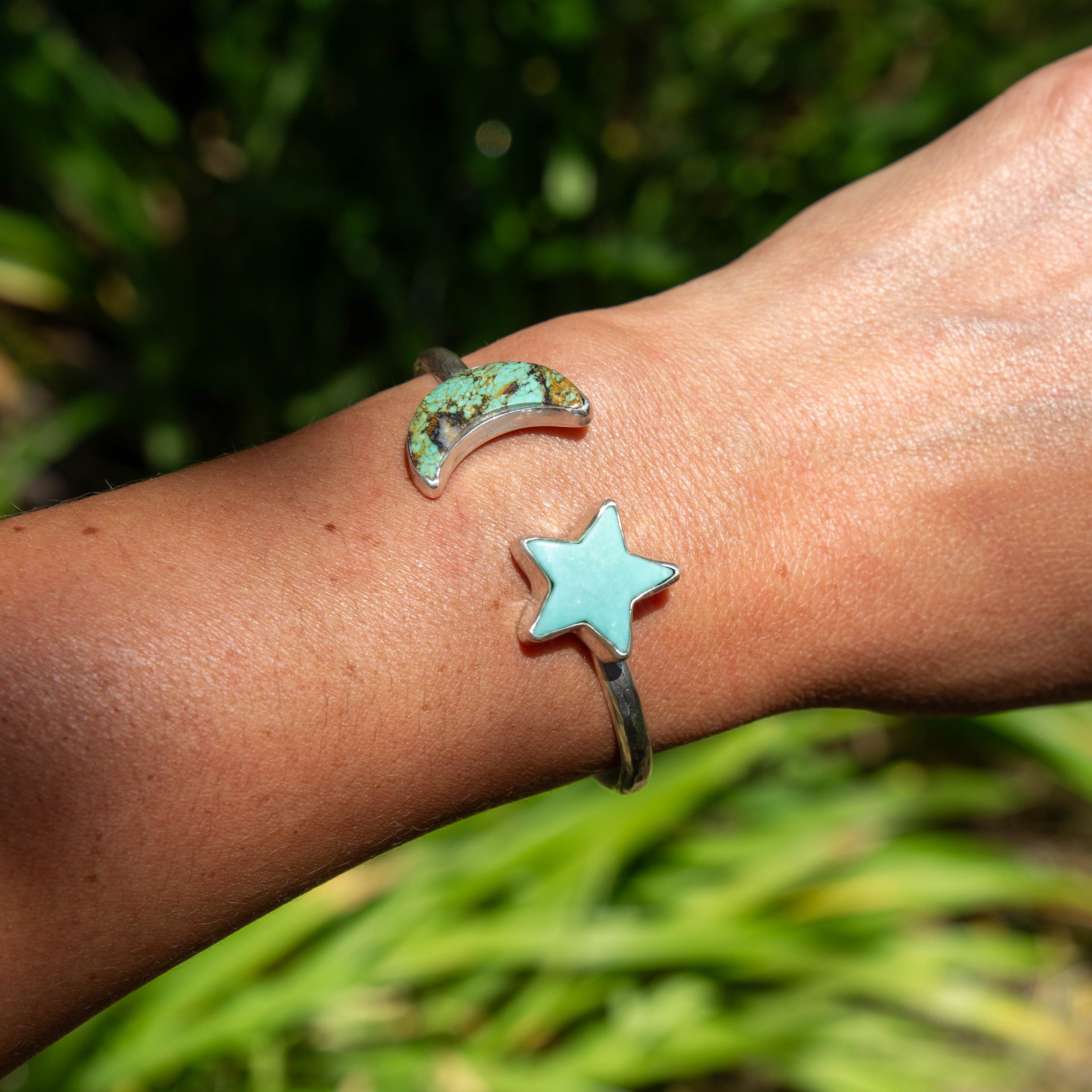 Moon & Star Campitos Turquoise Double Stone Sterling Silver Open Cuff