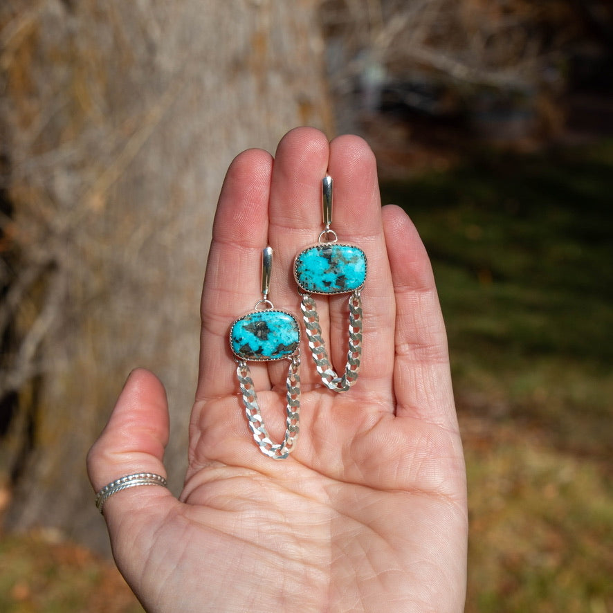 Kingman Turquoise Sterling Silver Chain Statement Earrings