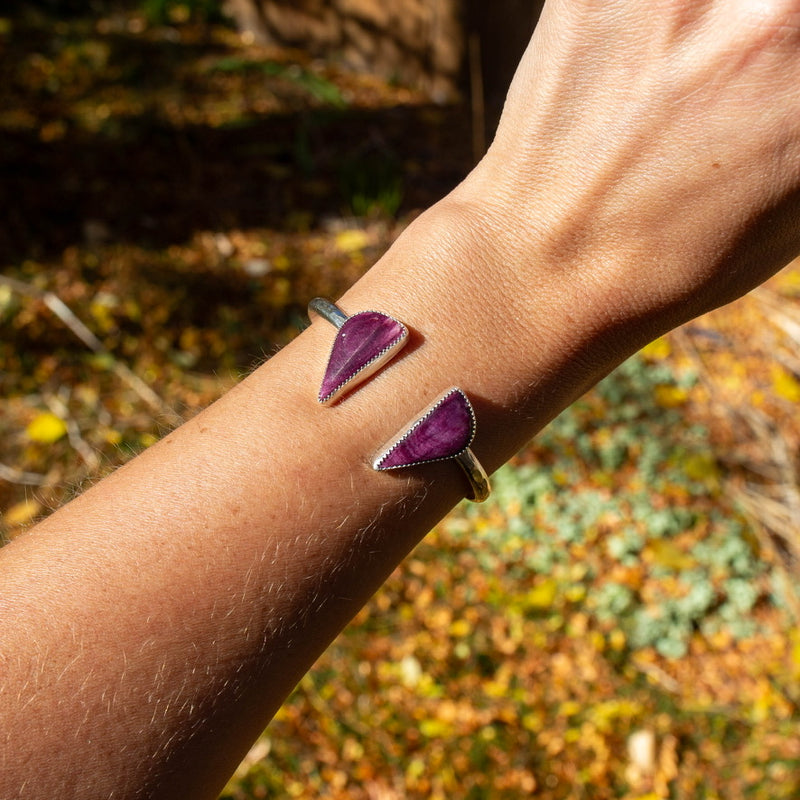 Purple Spiny Oyster Double Stone Sterling Silver Open Cuff