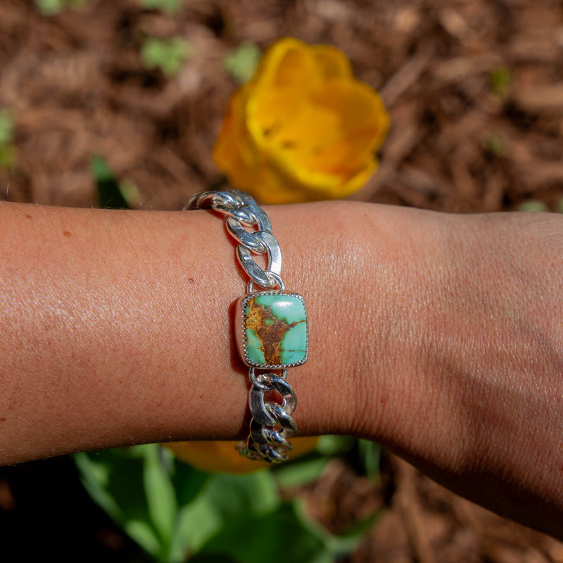 Southwest Mob Wife Chunky Sterling Silver Bracelet with Royston Turquoise  - 7.5"