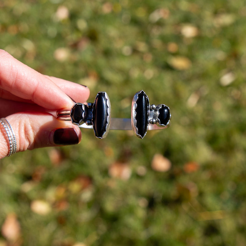 Black Onyx Double Stone Sterling Silver Open Cuff