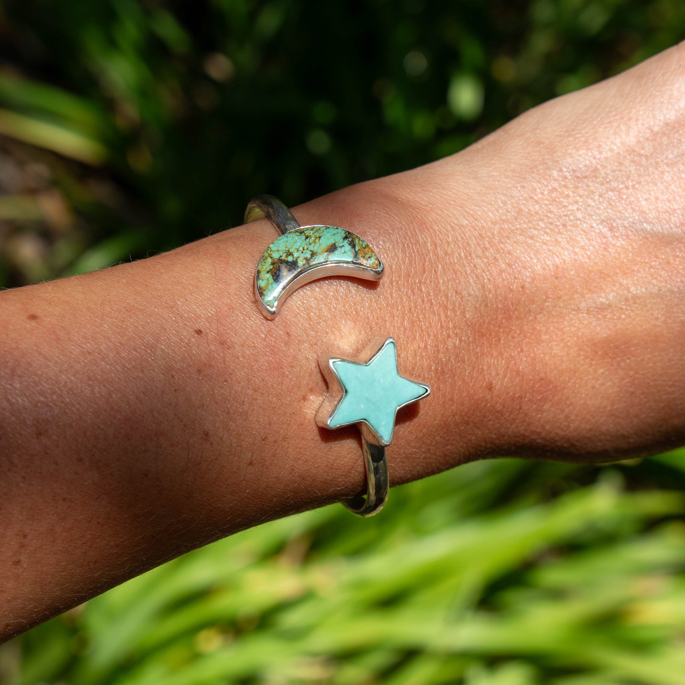 Moon & Star Campitos Turquoise Double Stone Sterling Silver Open Cuff
