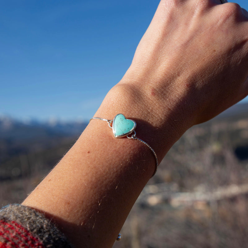 Chilean Turquoise Heart Sterling Silver Slider Bracelet -8.5"