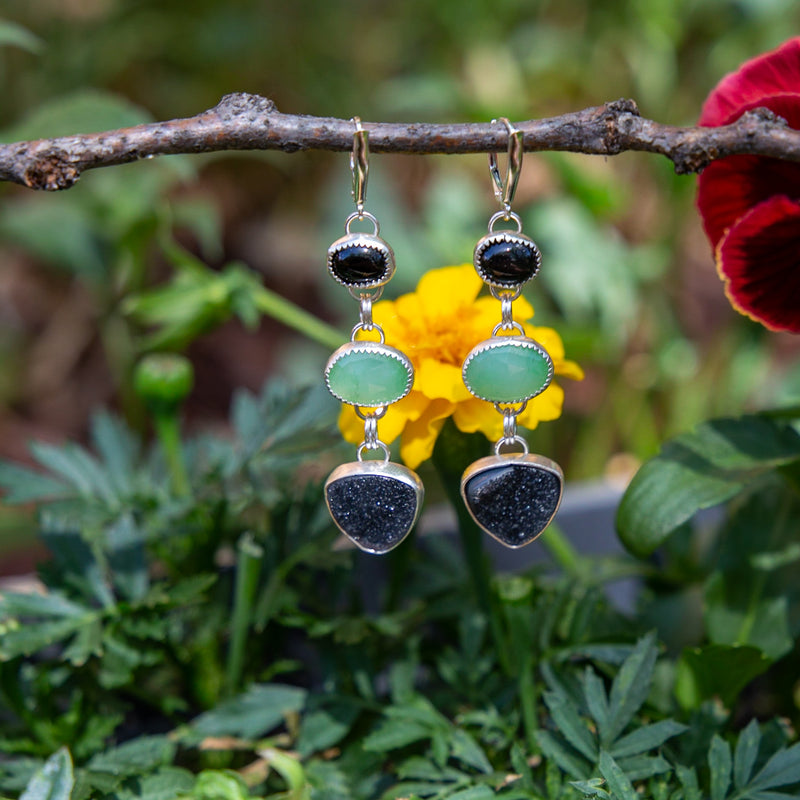 Chrysoprase, Black Onyx & Druzy Quartz Dazzling Harmony Sterling Silver Dangle Earrings