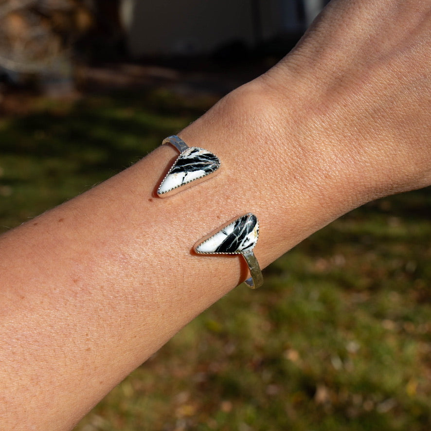 White Buffalo Triangle Double Stone Sterling Silver Open Cuff #7