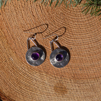 Amethyst Sterling Silver Stamped 1" Circle Earrings