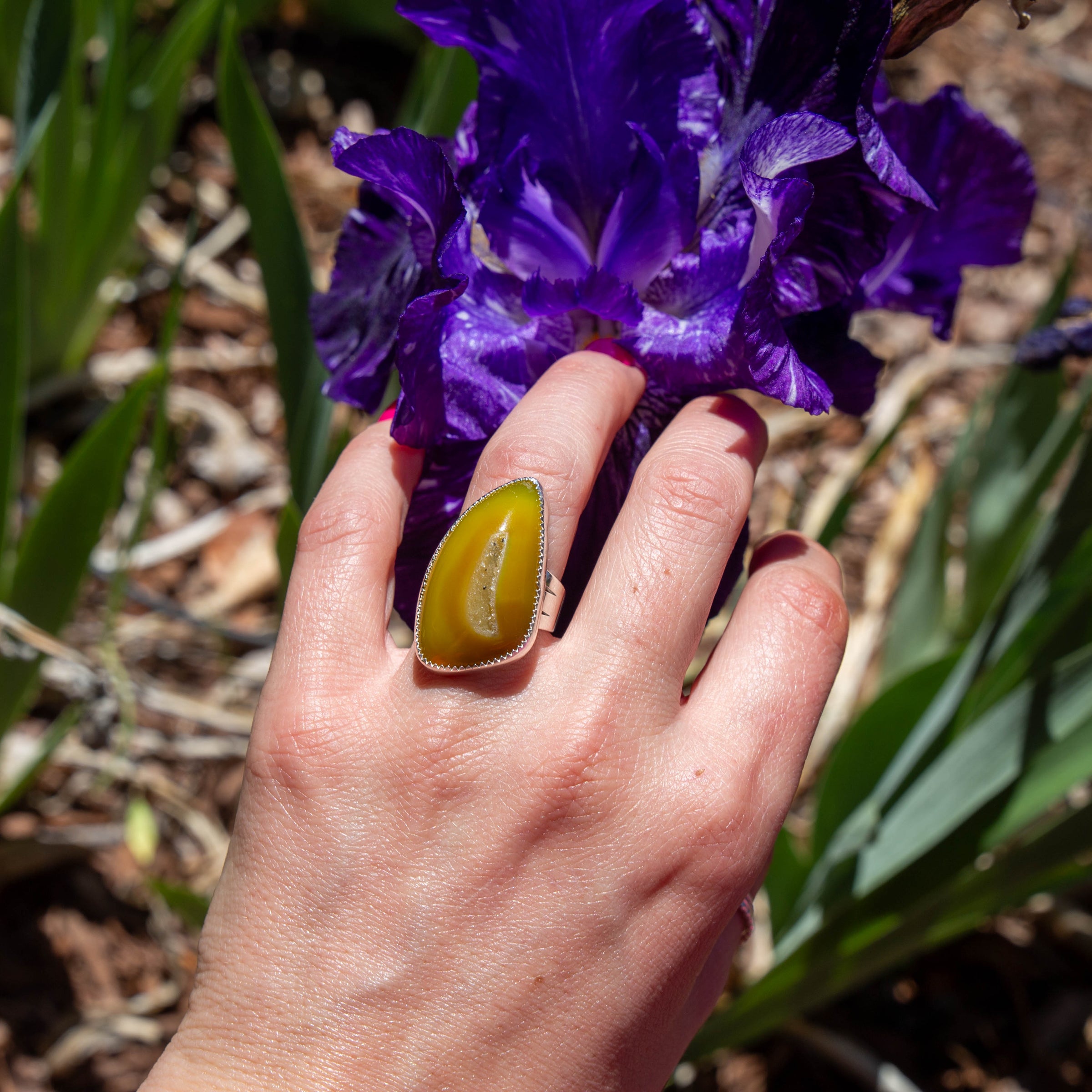 6 Druzy Yellow Agate Sterling Silver Statement Ring (Size 6)