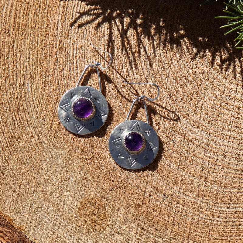 Amethyst Sterling Silver Stamped 1" Circle Earrings