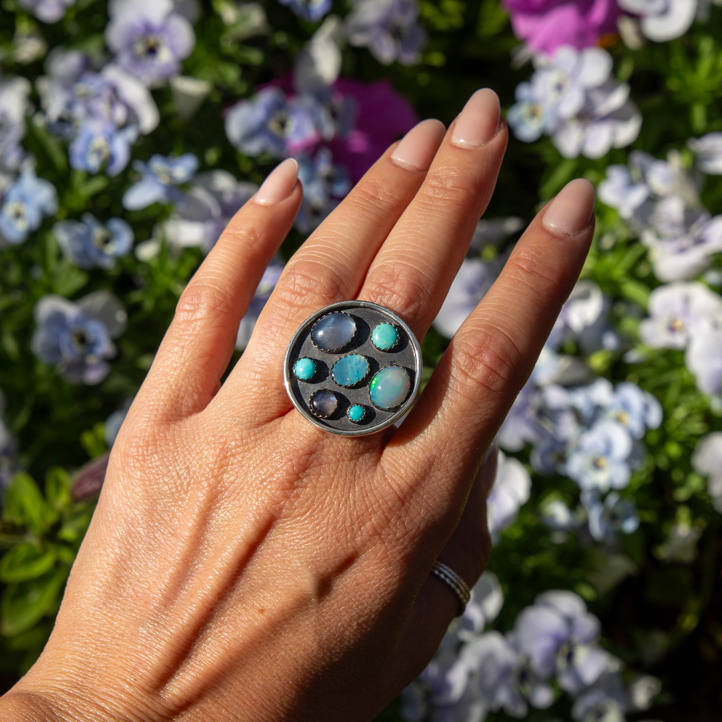 7 Turquoise, Opal, & Moonstone Multi-Stone Circle Sterling Silver Cluster Statement Ring (Size 7)