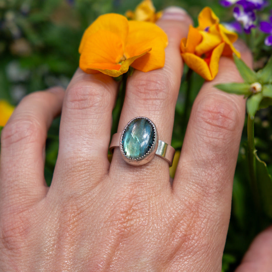 9 Labradorite Wide Band Sterling Silver Ring (Size 9)