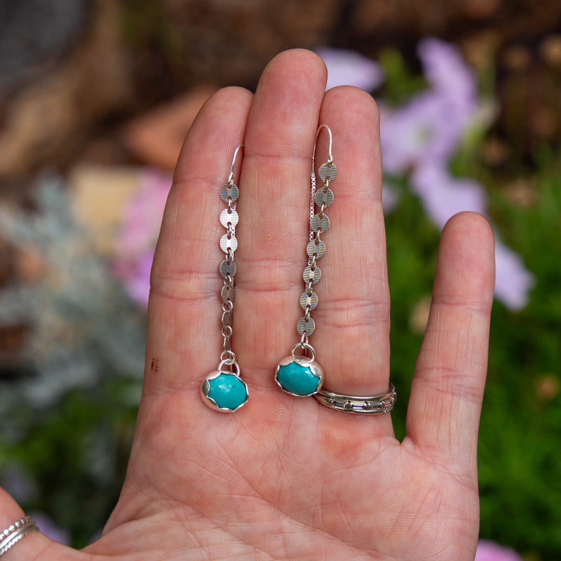 Chinese Turquoise Oxidized Coin Chain Sterling Silver Threader Earrings