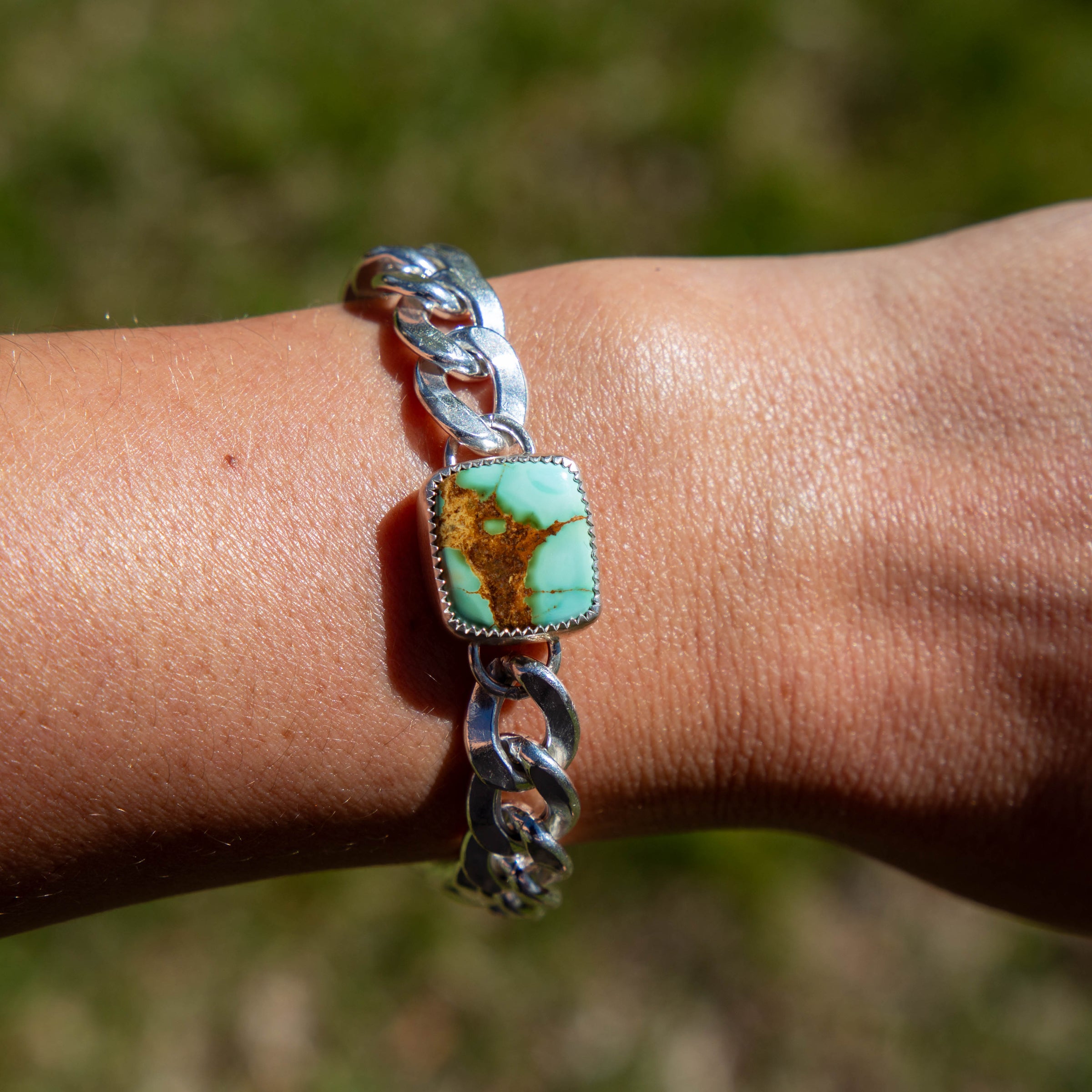 Southwest Mob Wife Chunky Sterling Silver Bracelet with Royston Turquoise  - 7.5"