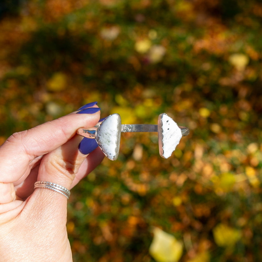 White Buffalo Triangle Double Stone Sterling Silver Open Cuff #6
