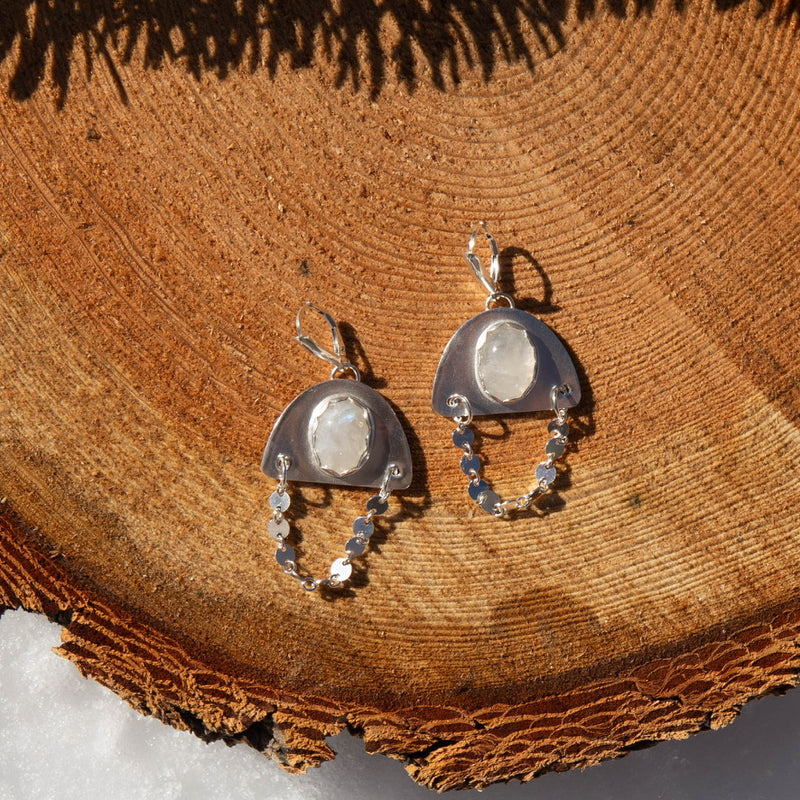 Moonstone Coin Chain Sterling Silver Dangle Earrings