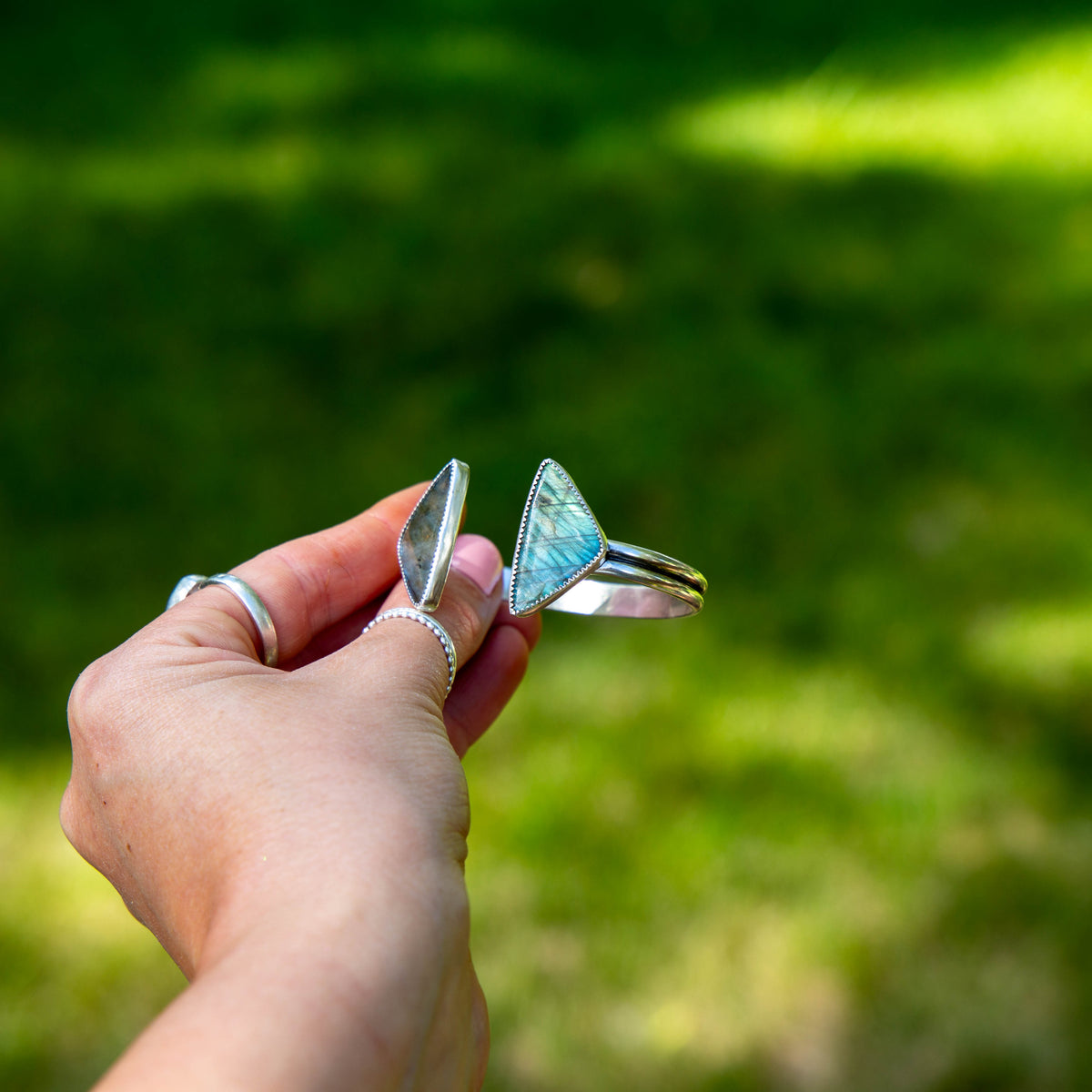 Labradorite Double Stone Sterling Silver Open Cuff