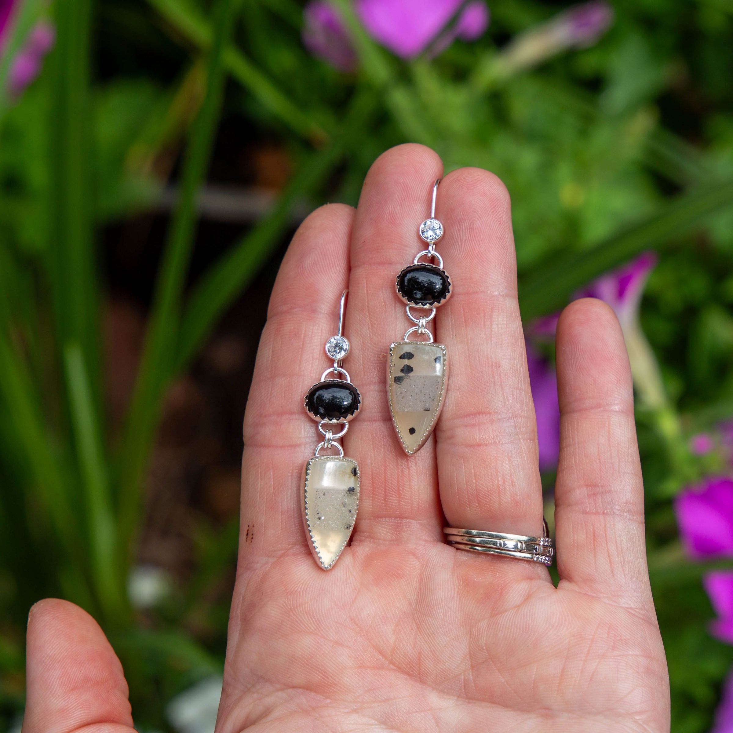 Black Onyx & Druzy Quartz Sterling Silver Dangle Earrings