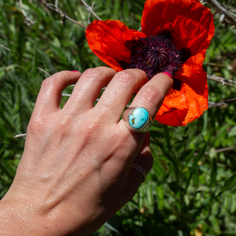 9 Royston Turquoise Sterling Silver Signet Ring (Size 9)