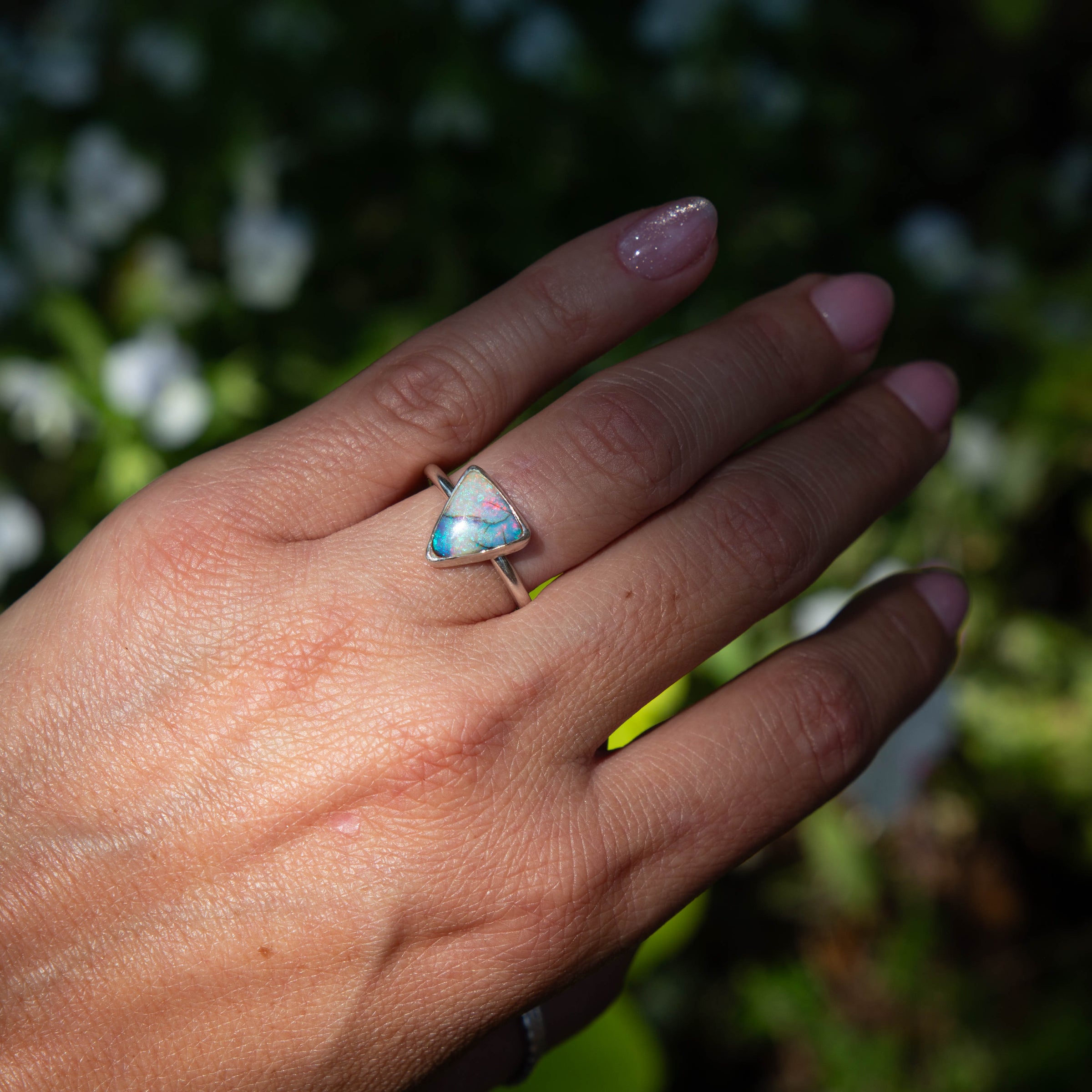 7.25 Sterling Opal Triangle Sterling Silver Stacker Ring (Size 7.25)