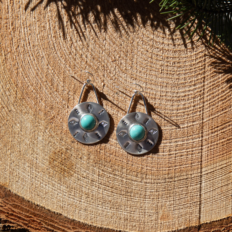 Campitos Turquoise Sterling Silver Stamped 1" Circle Earrings