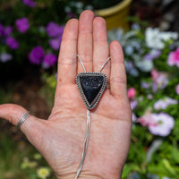 36" Black Druzy Agate Triangle Sterling Silver Chain Bolo La Femme