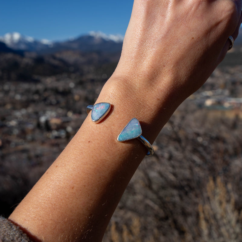 Opal Doublet Double Stone Sterling Silver Open Cuff