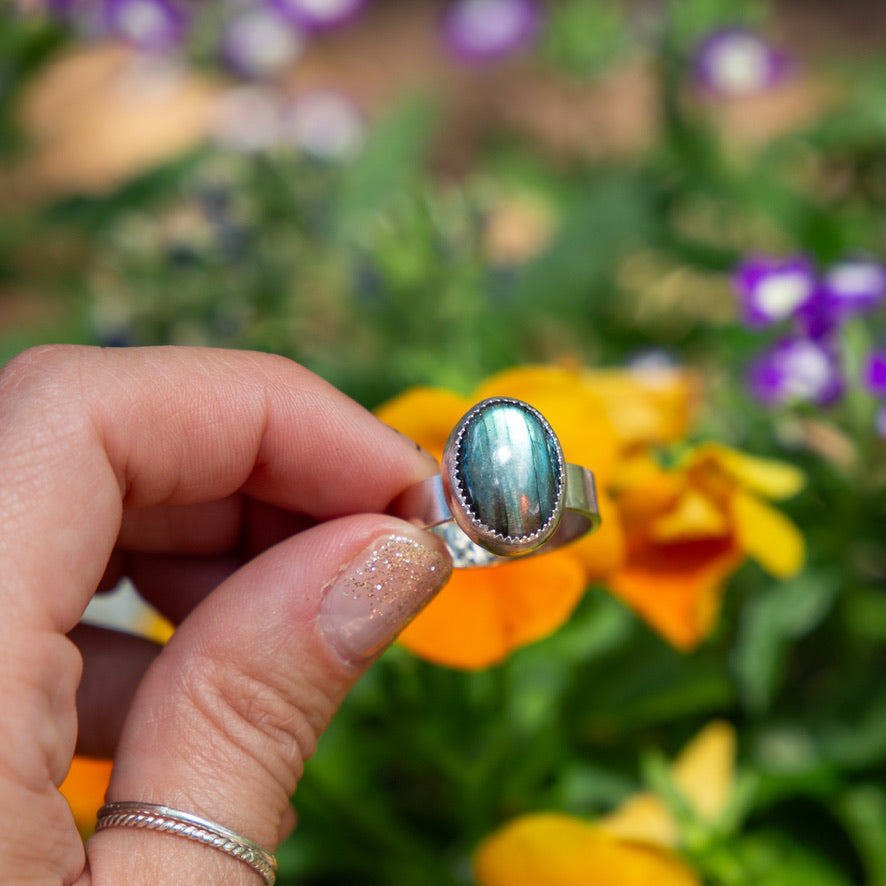 9 Labradorite Wide Band Sterling Silver Ring (Size 9)