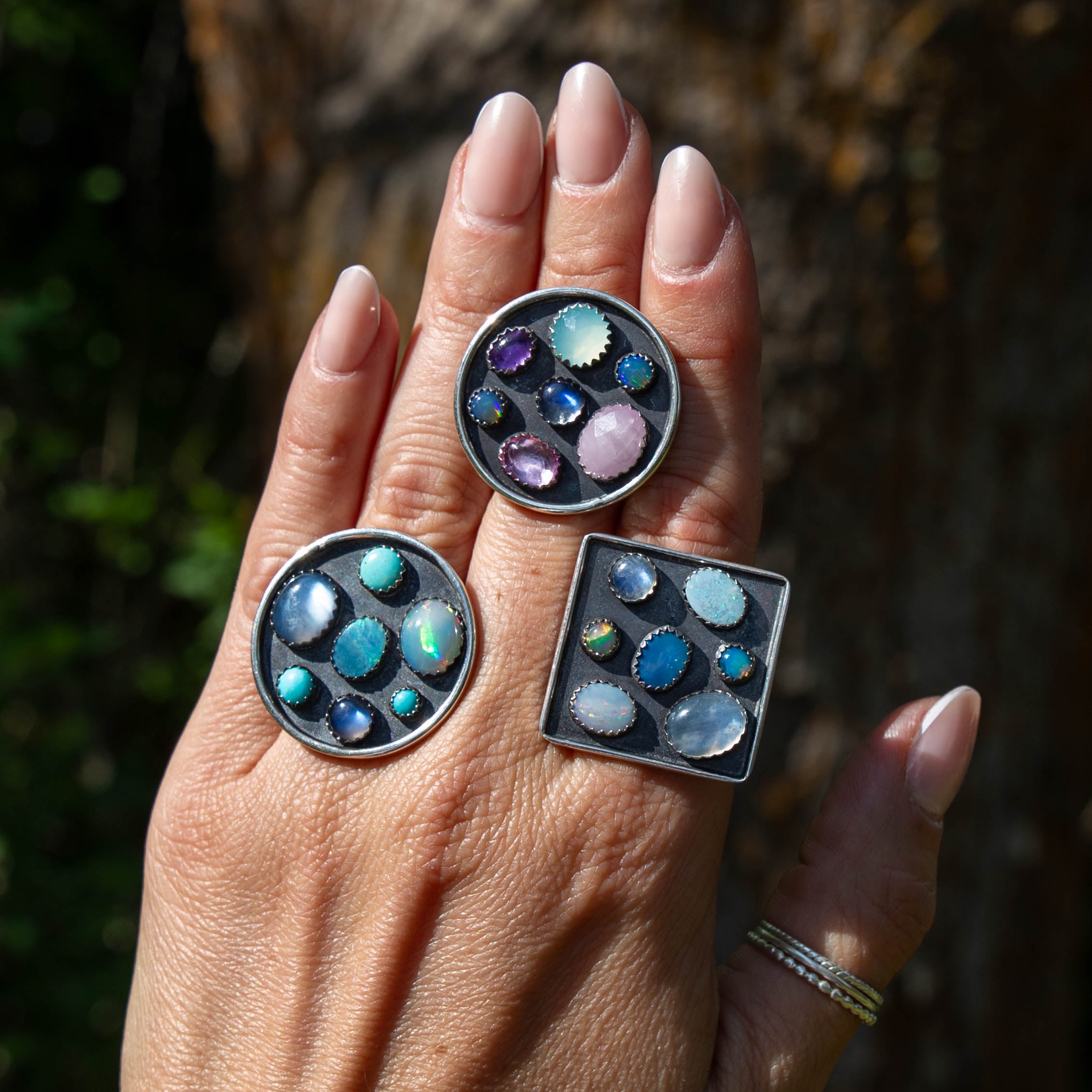 7.5 Opal & Moonstone Multi-Stone Square Sterling Silver Cluster Statement Ring (Size 7.5)