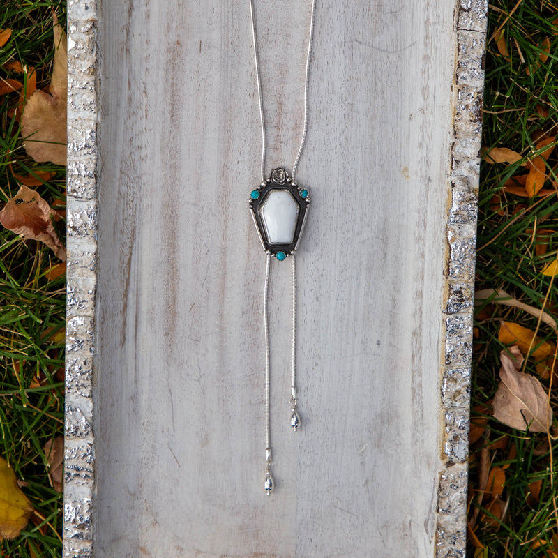 38" White Buffalo Coffin-Shaped Stone with Kingman Turquoise Sterling Silver Chain Bolo La Femme